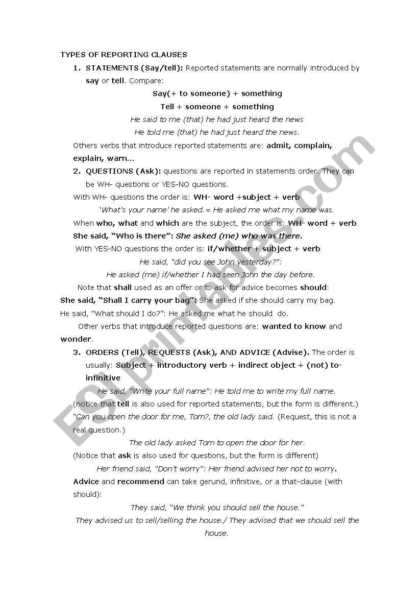 Types of reporting clauses worksheet