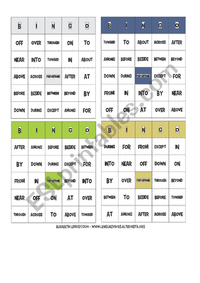 Bingo about prepositions with call list and counters