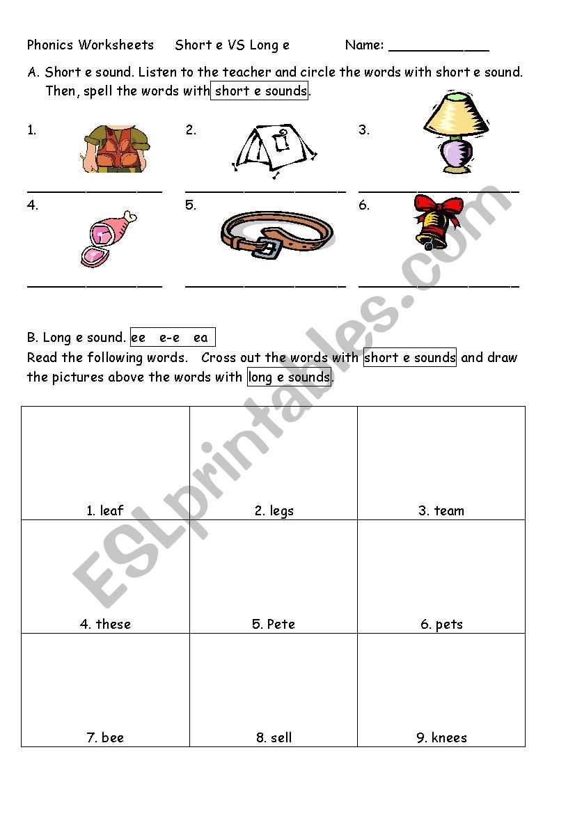 Phonics Worksheet Short e VS Long e