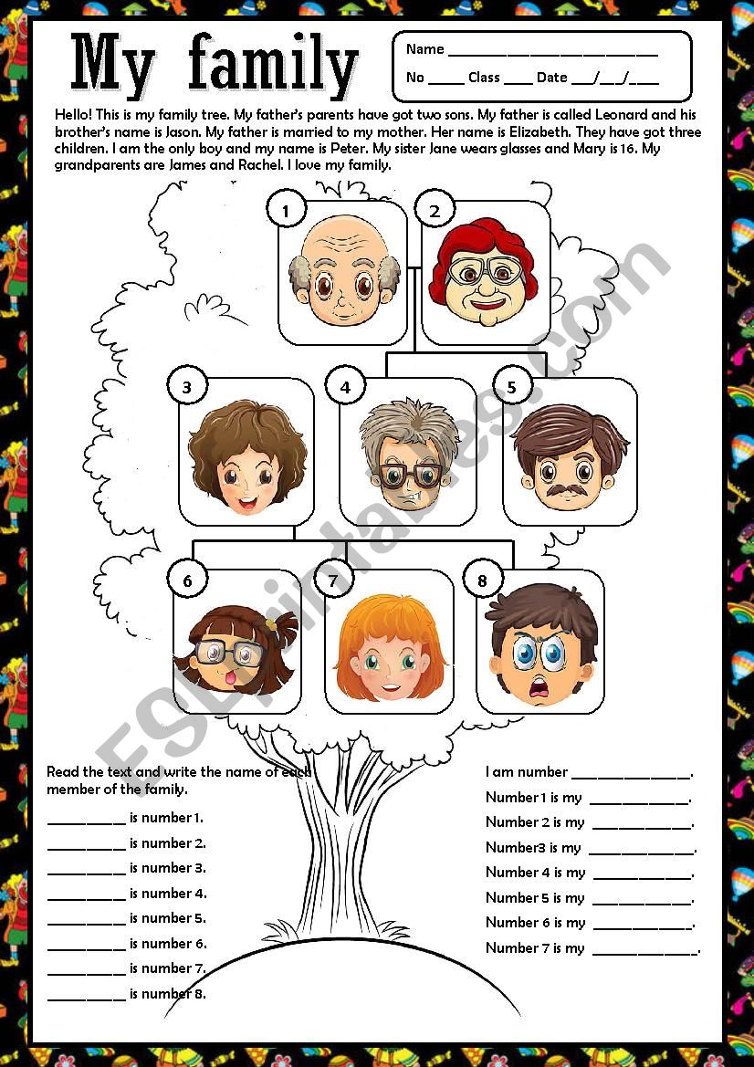 esl kindergarten worksheets family
