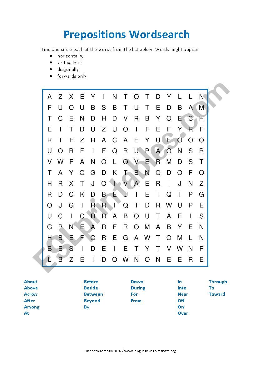 Wordsearch about prepositions worksheet