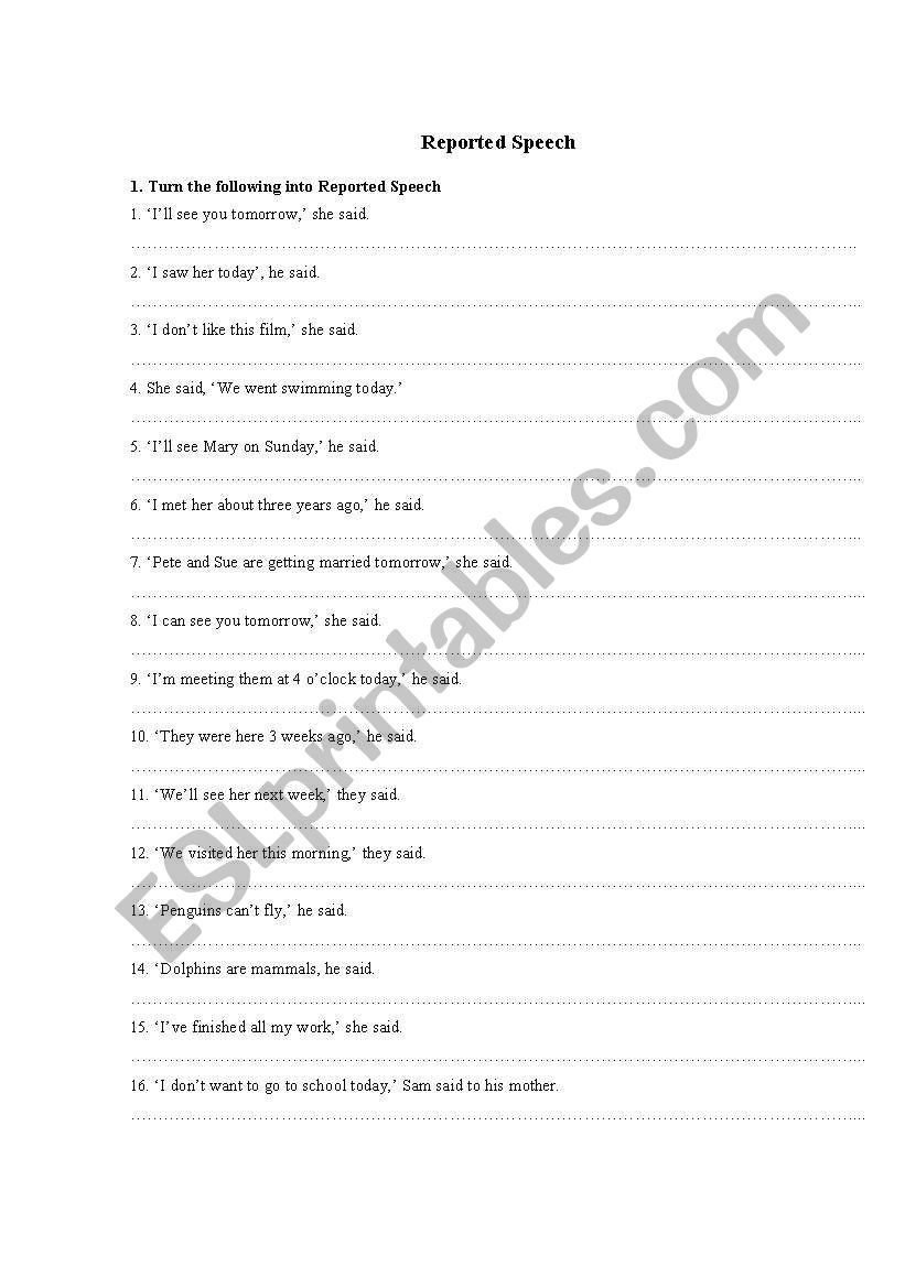 reported Speech worksheet