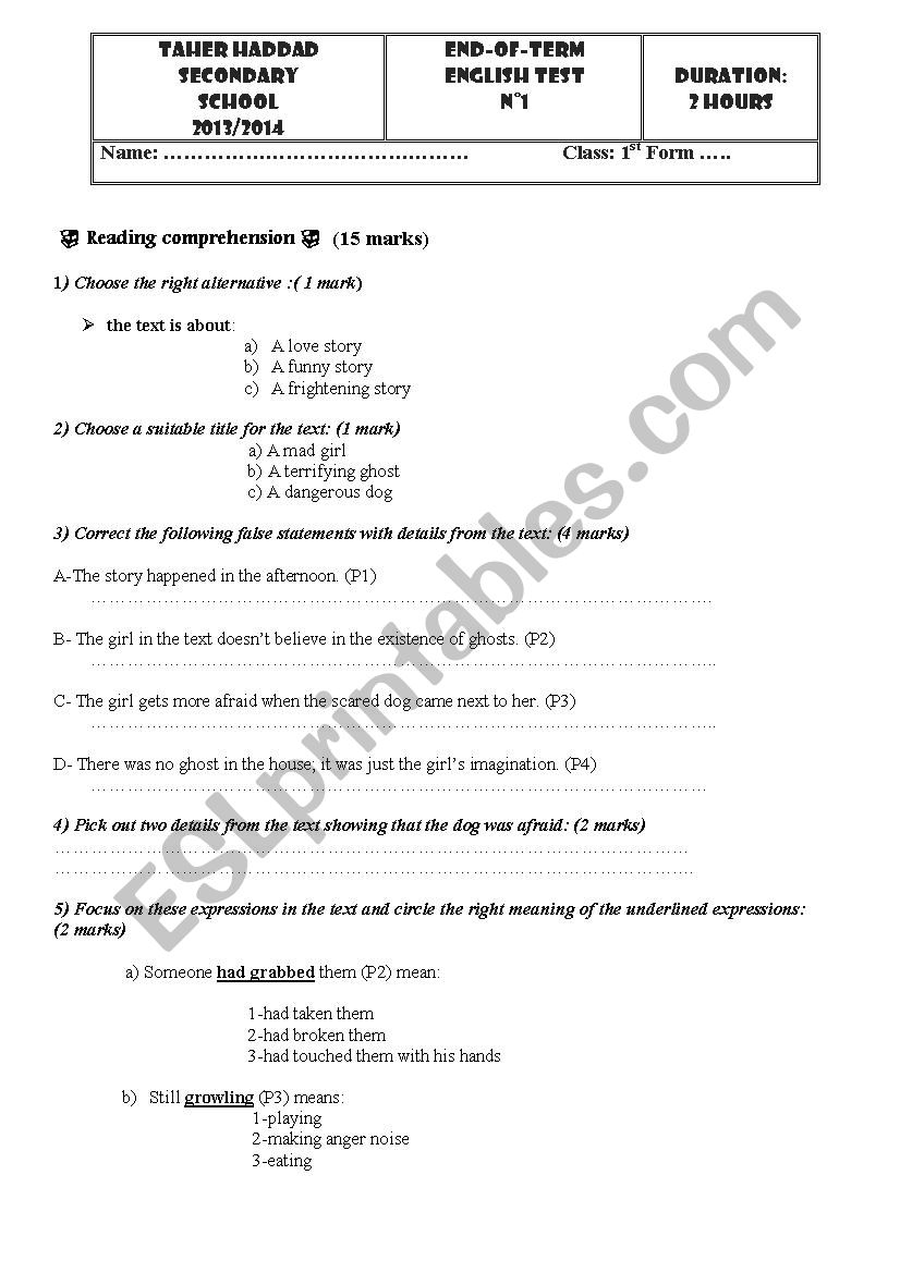 final term test 1st form worksheet