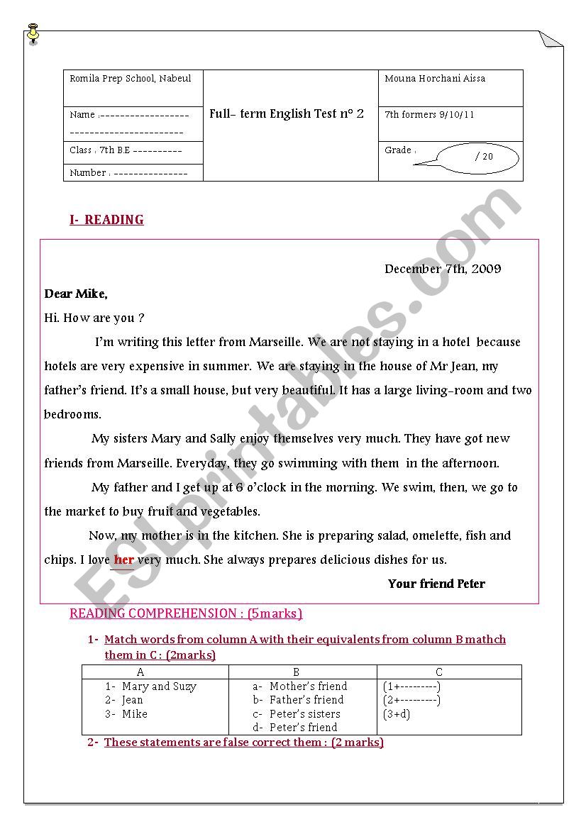 7th form full-term test n 2  worksheet