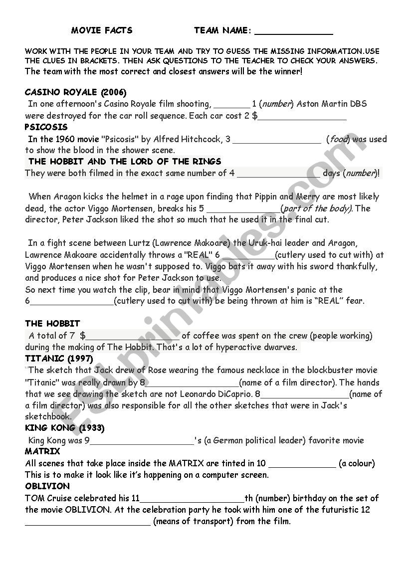 MOVIE FACTS worksheet