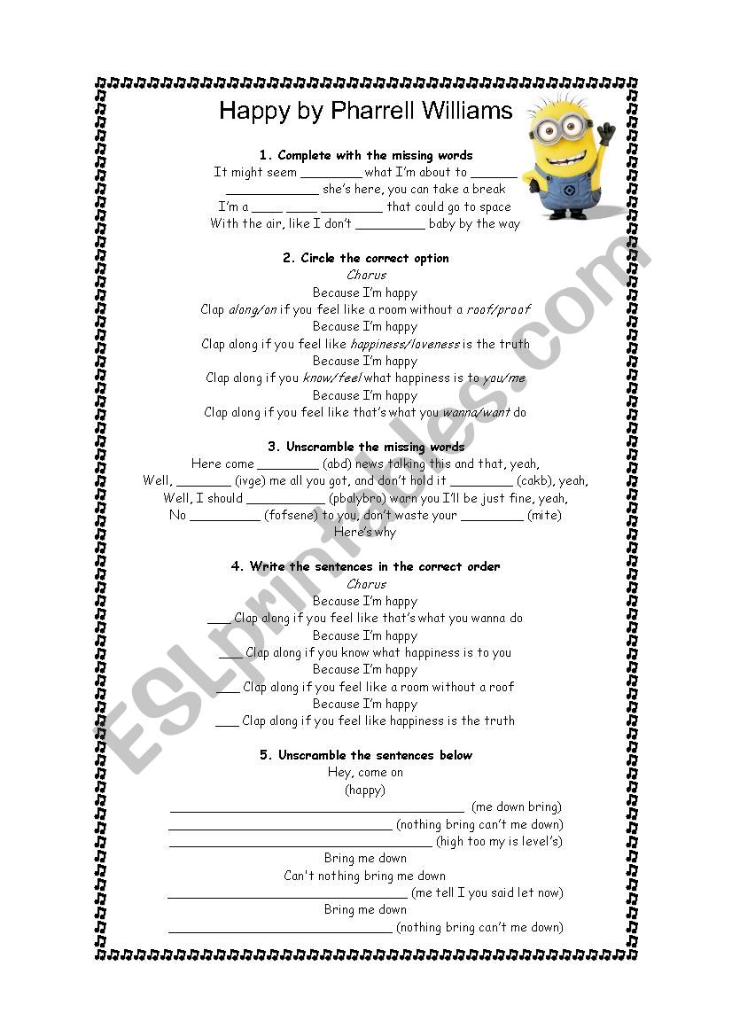 Happy by Pharrell Williams worksheet