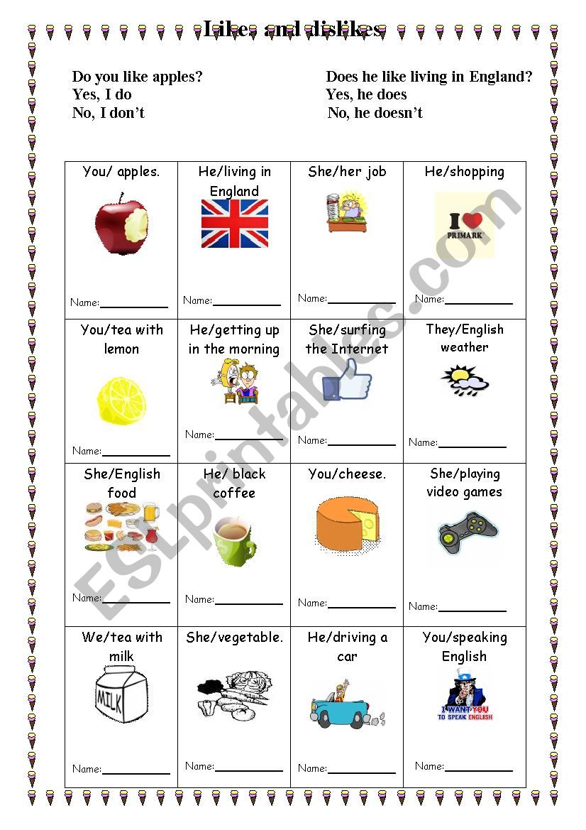 Likes and dislikes worksheet