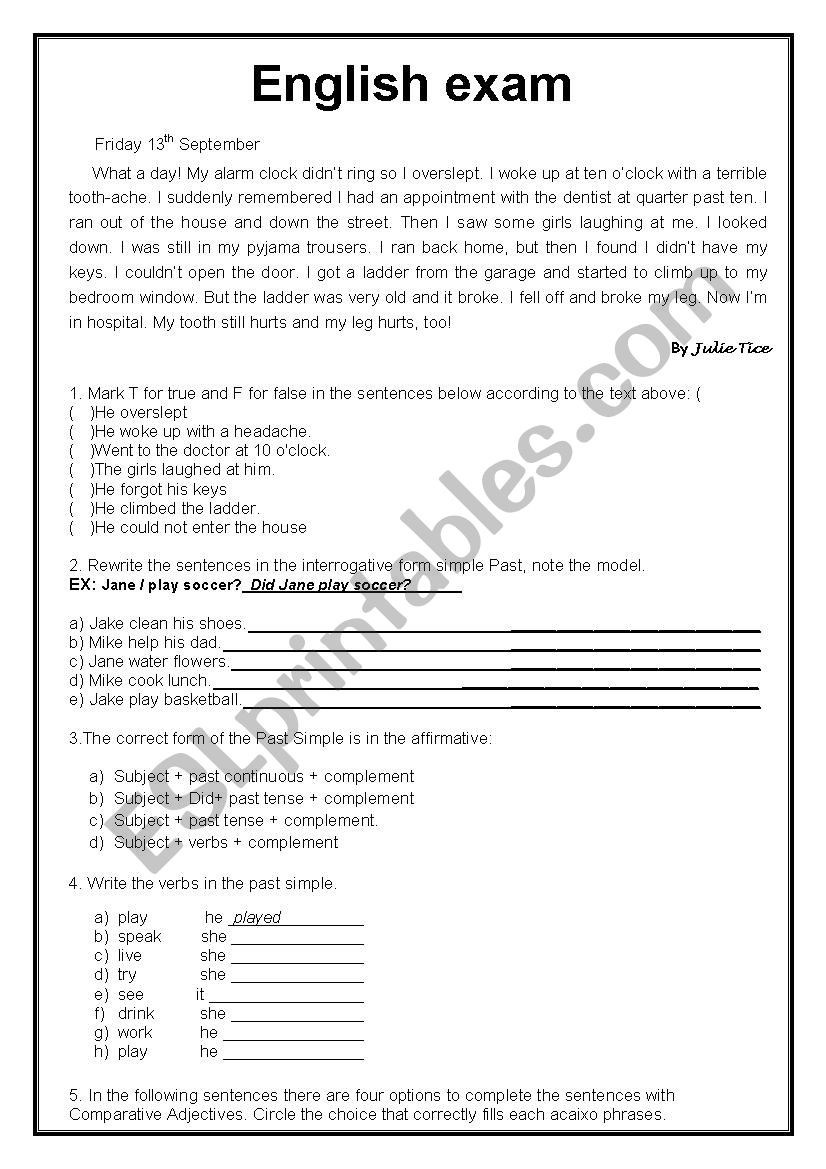 english exam worksheet