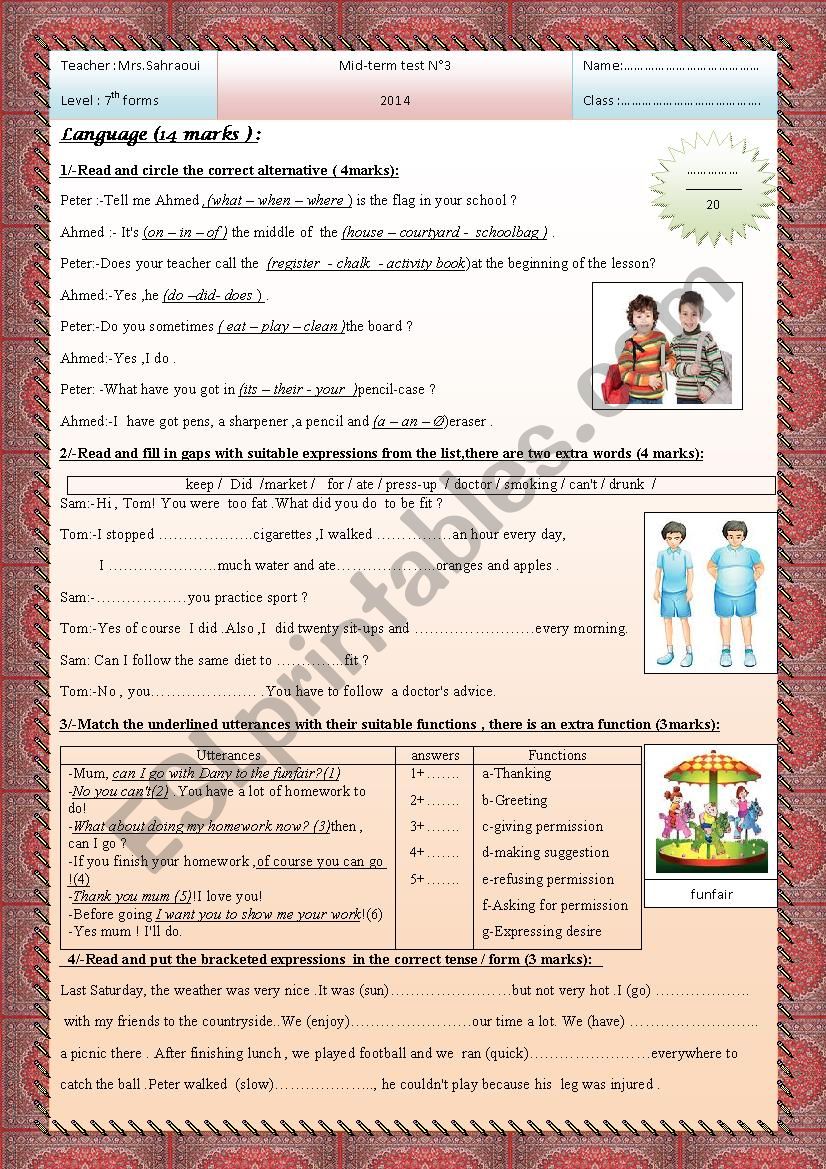 mid term test n°3 7th form worksheet