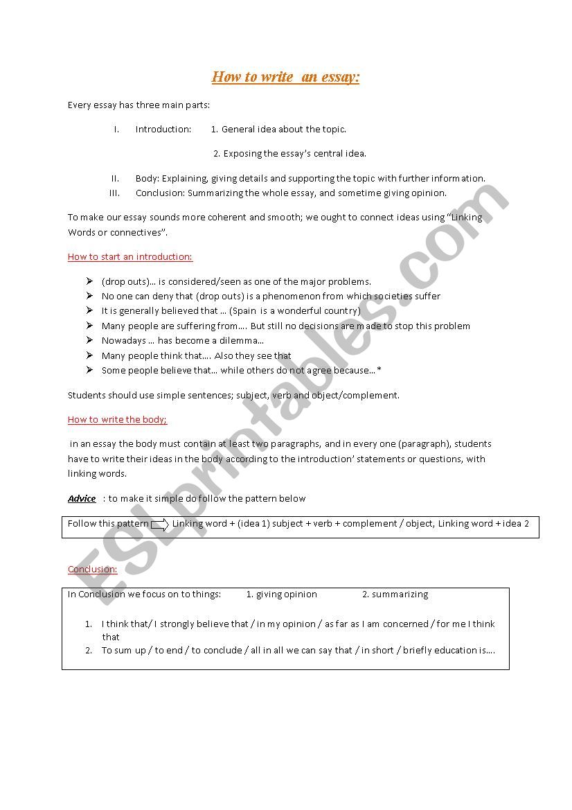 steps to writing an essay worksheets