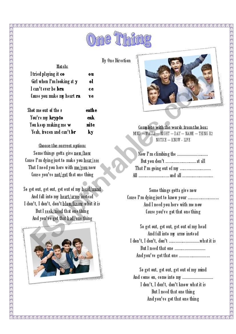 One Direction  -the one thing worksheet