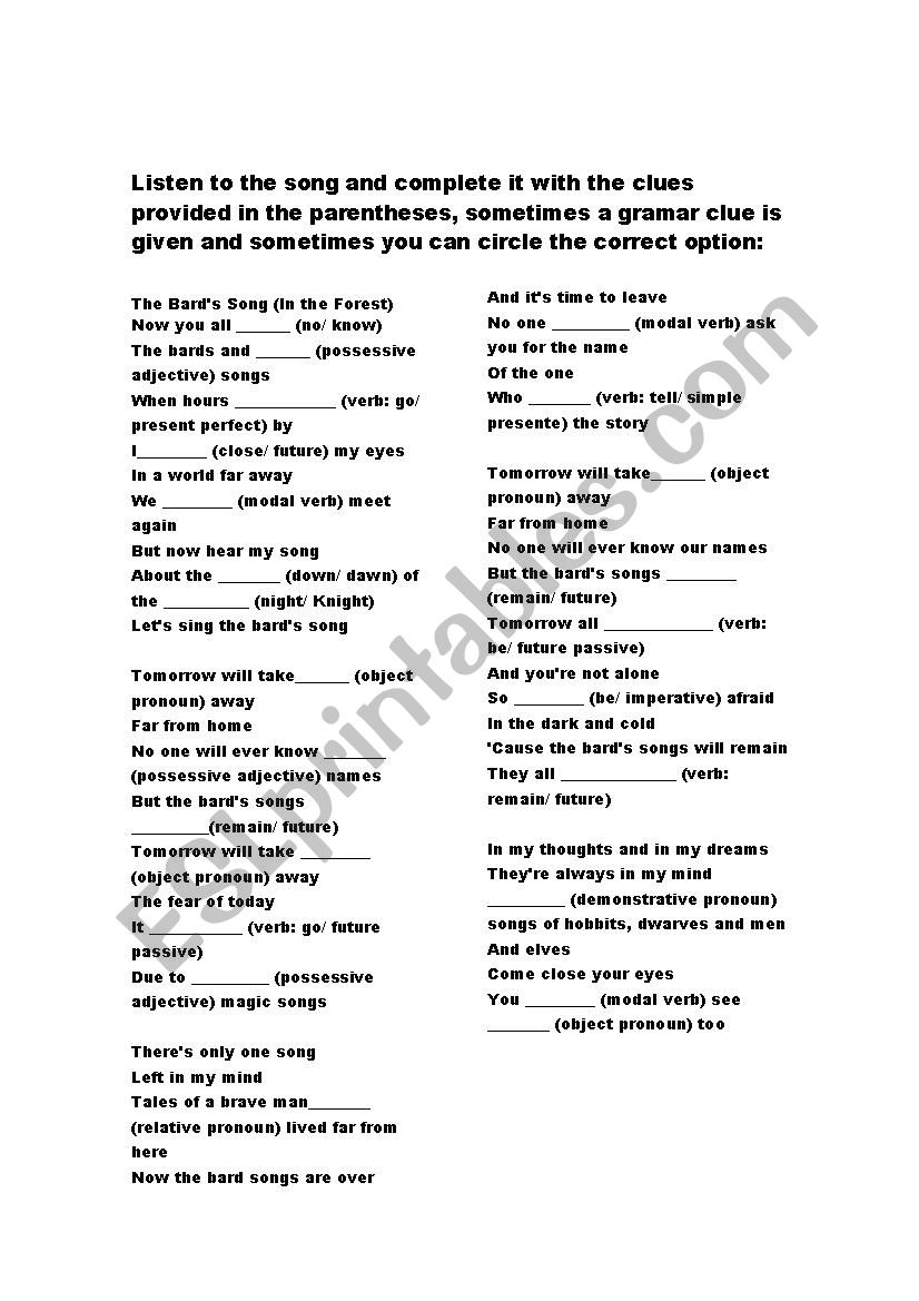 Bards song worksheet