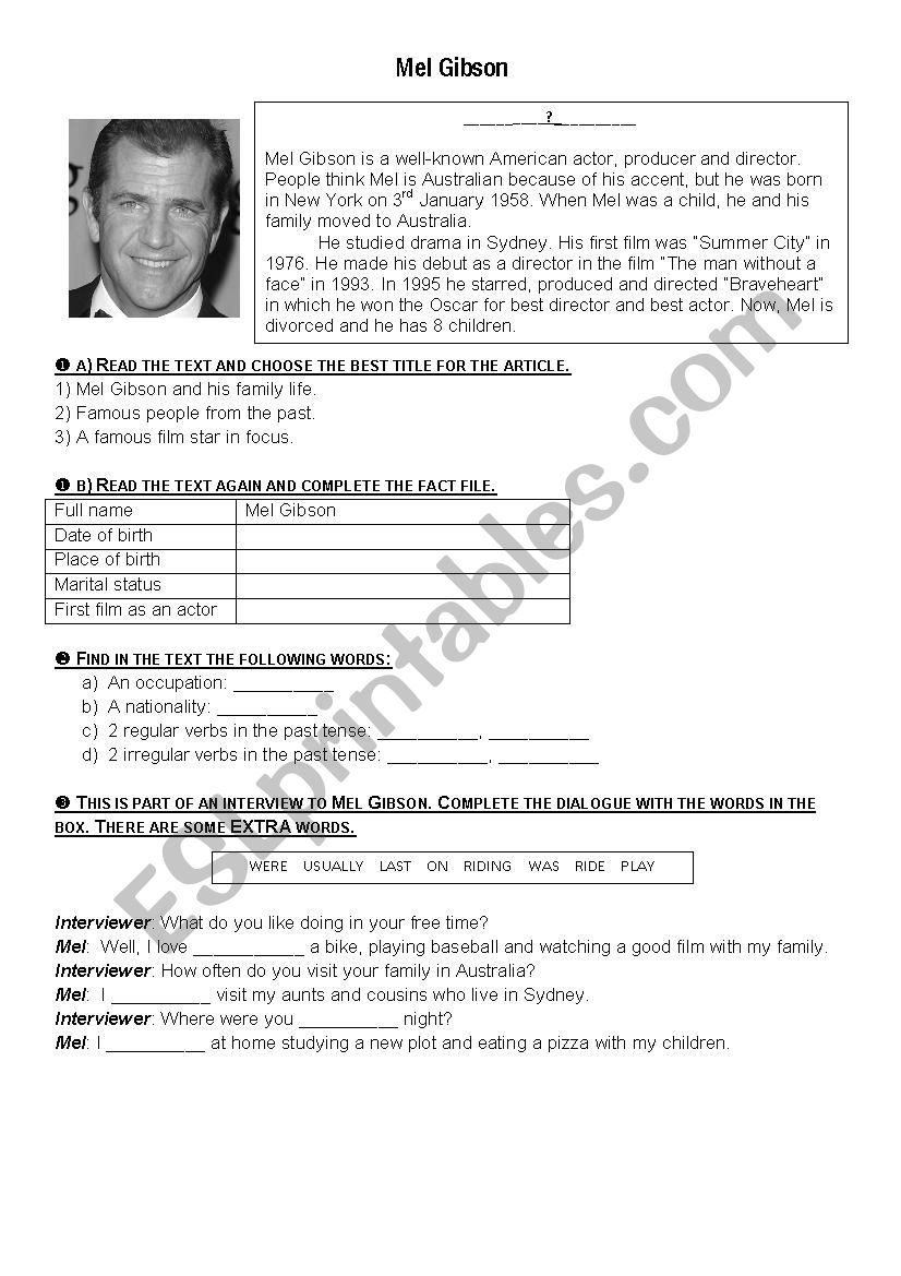 english test about Mel Gibson biography