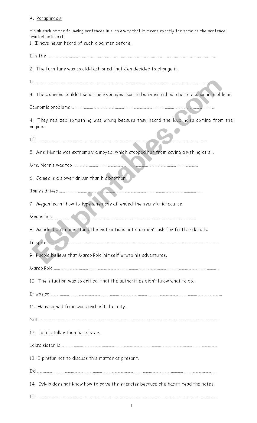 paraphrasing exercises worksheet