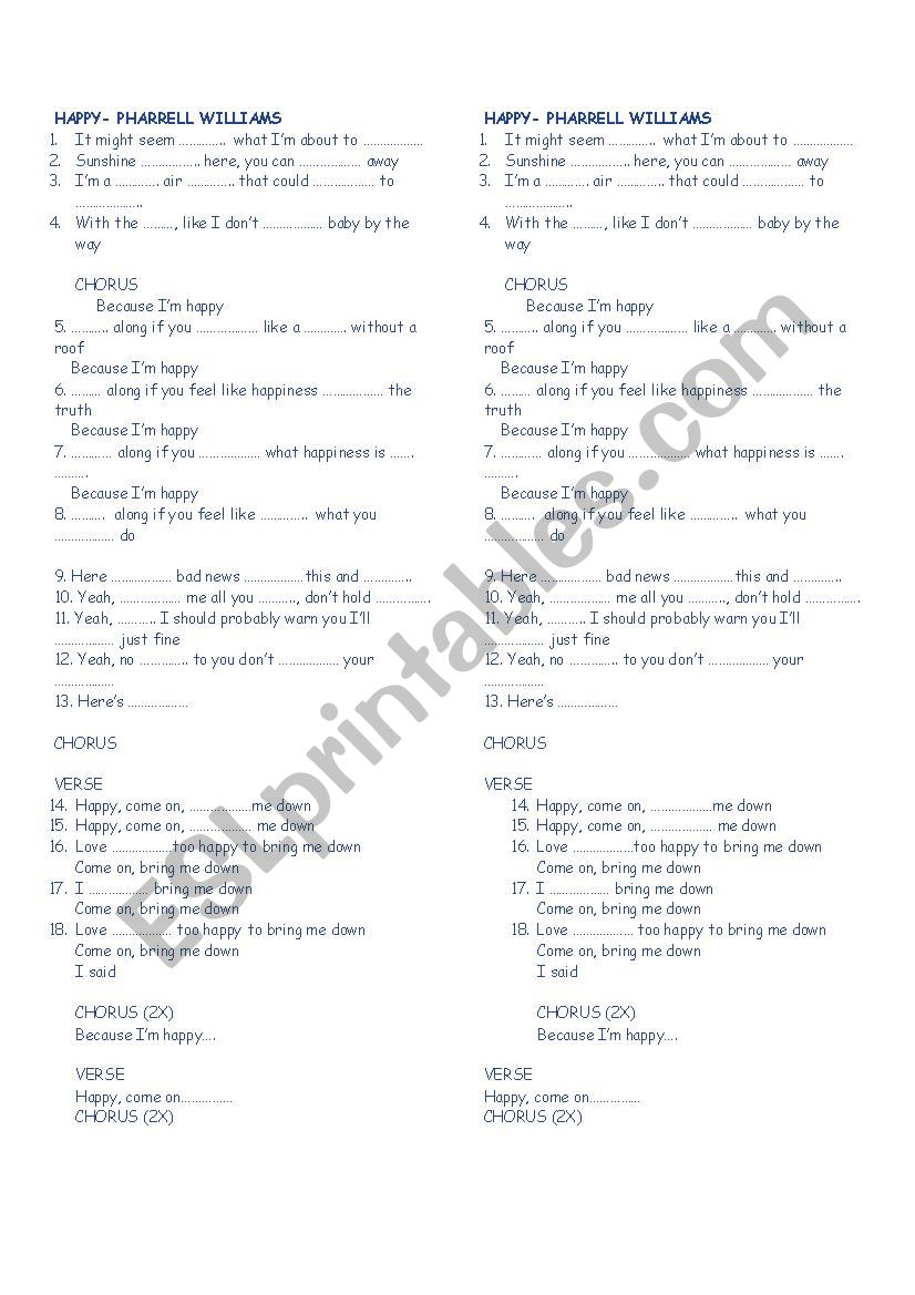 Happy - Pharrell Williams Lyrics Worksheet