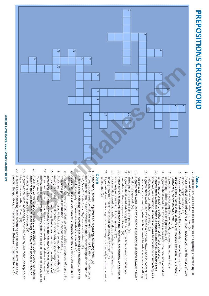Prepositions Crossword with definitions and AKey