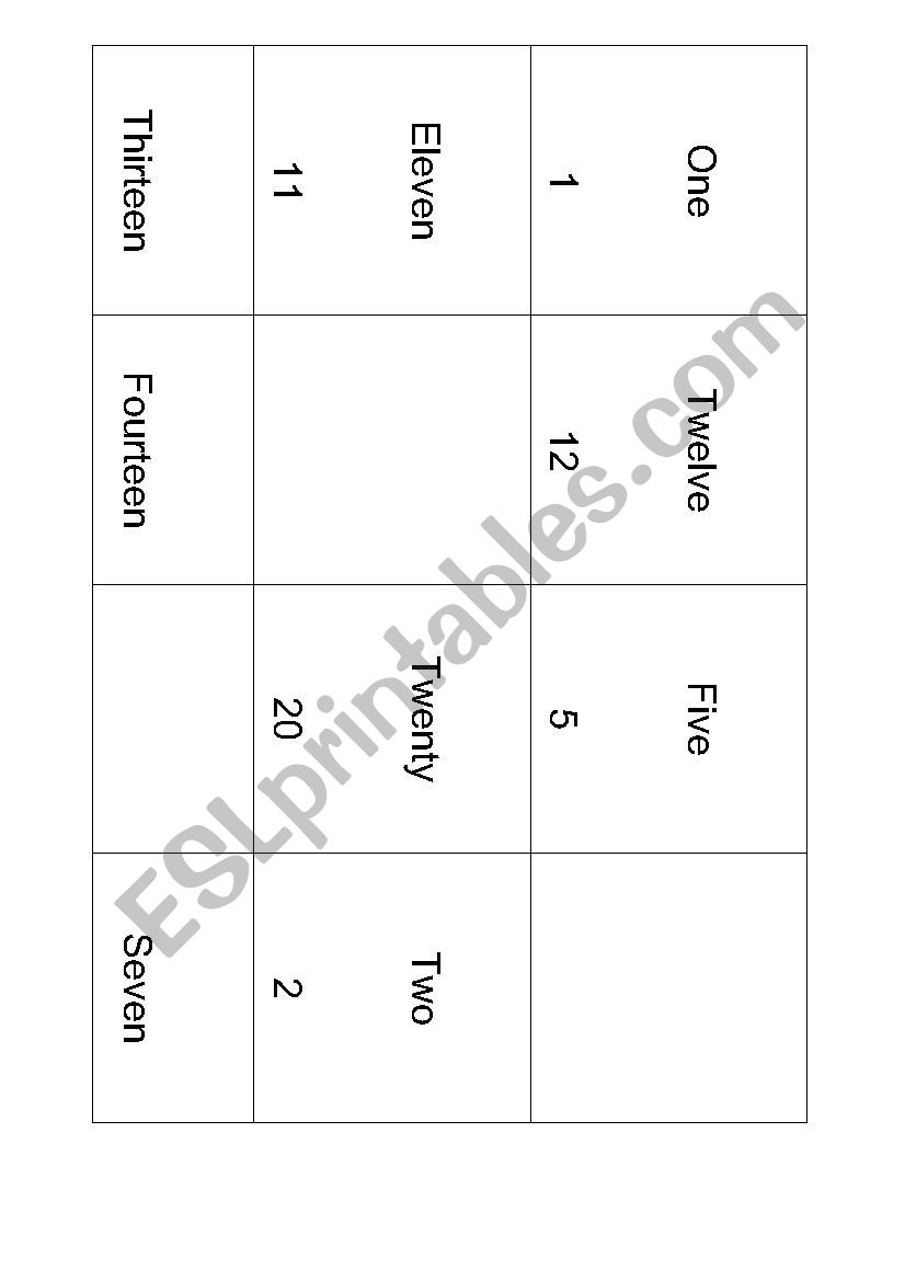 Bingo 0 to 20 worksheet