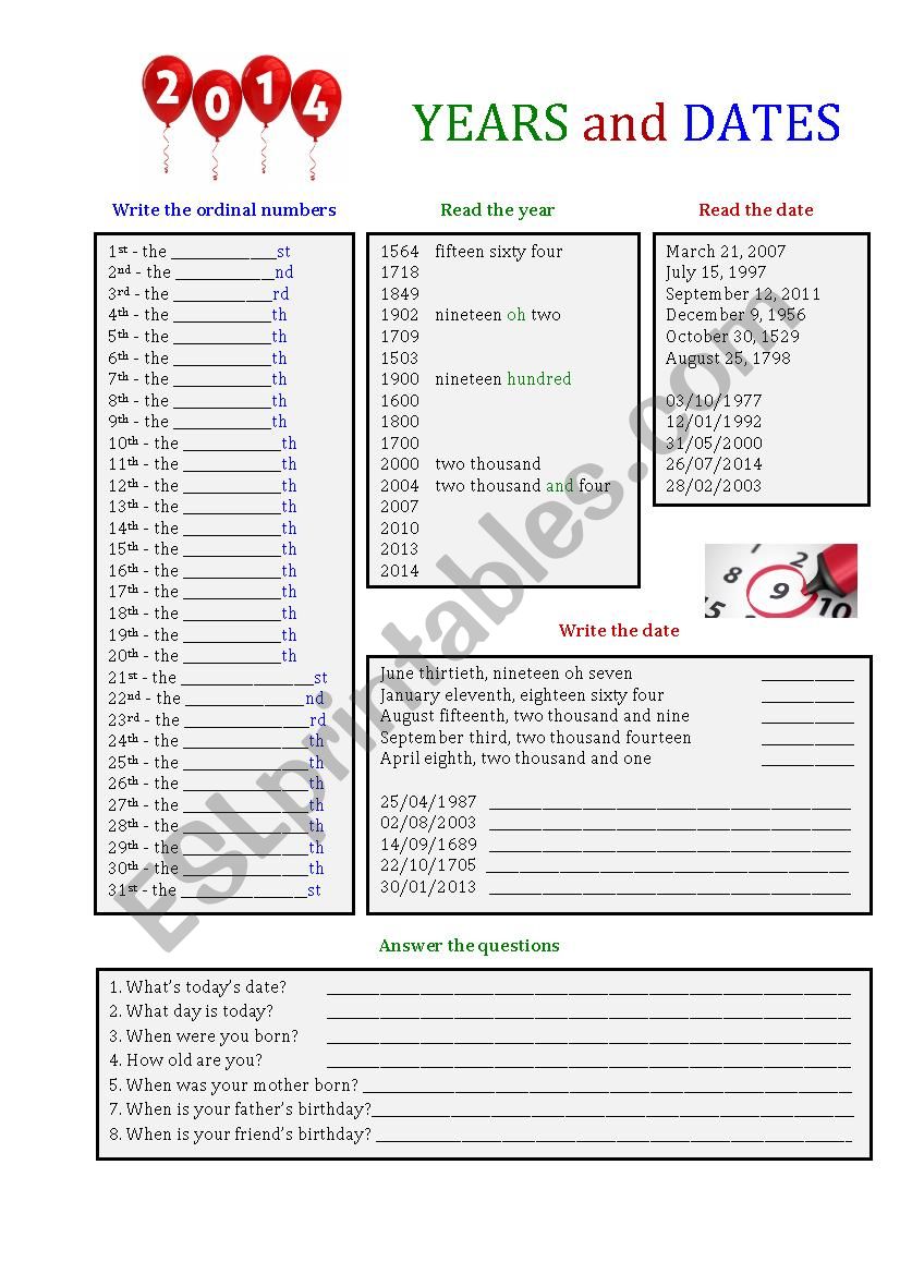 Years and dates worksheet