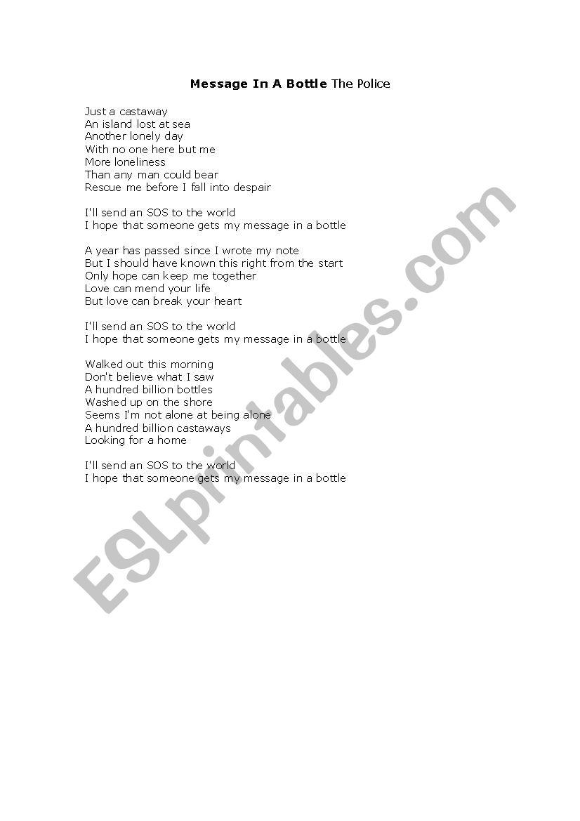 Message in a Bottle worksheet