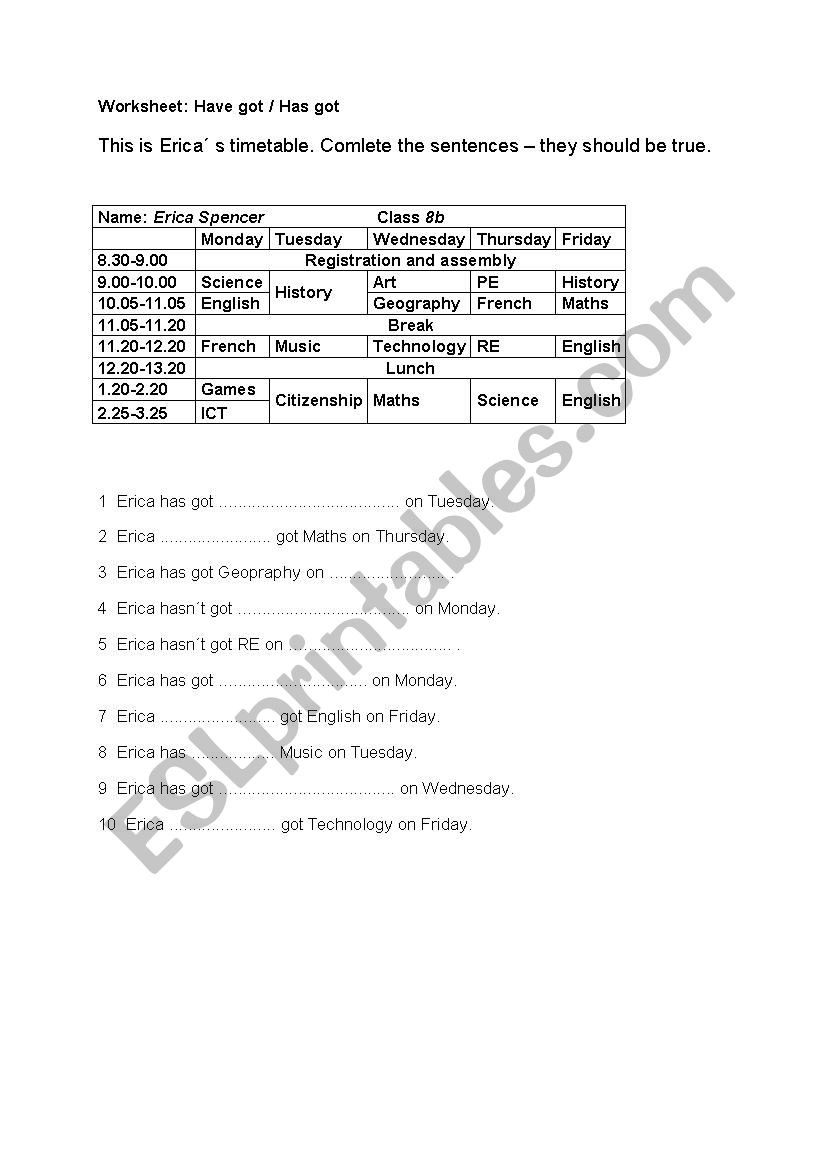 Timetable worksheet