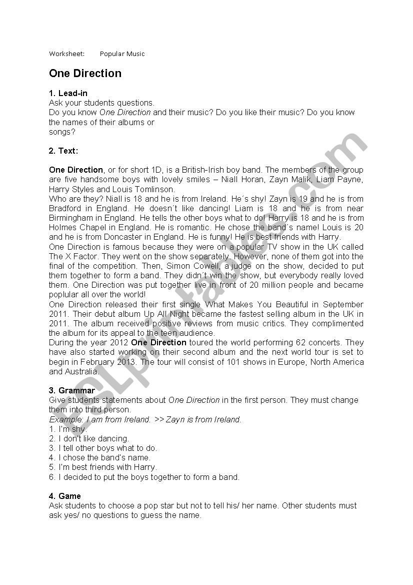 One Direction worksheet