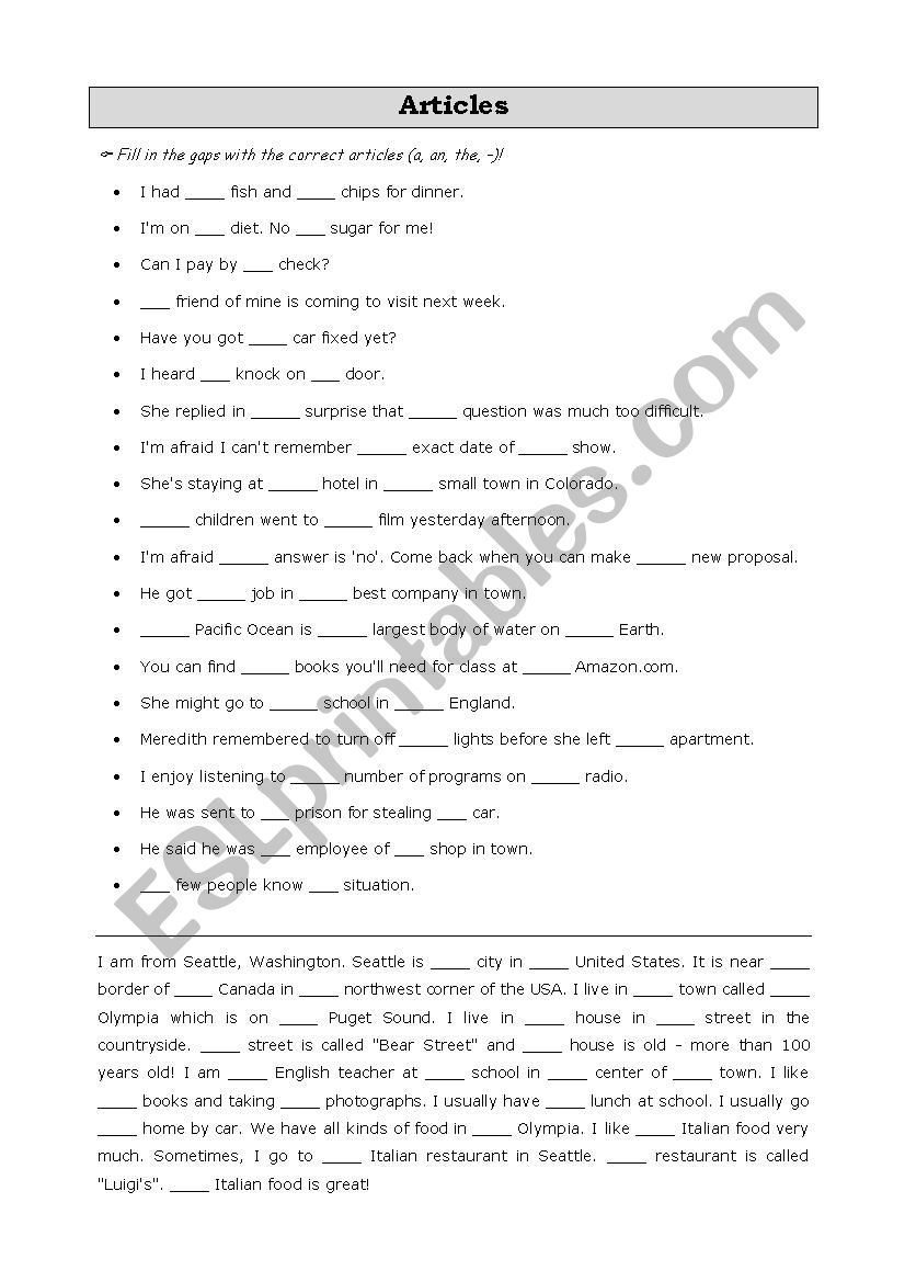 Articles worksheet