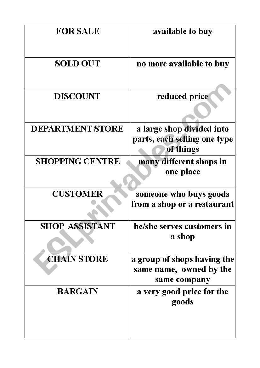 Shopping - definitions worksheet