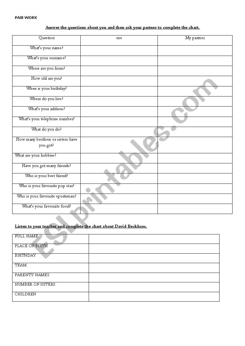 Personal information worksheet