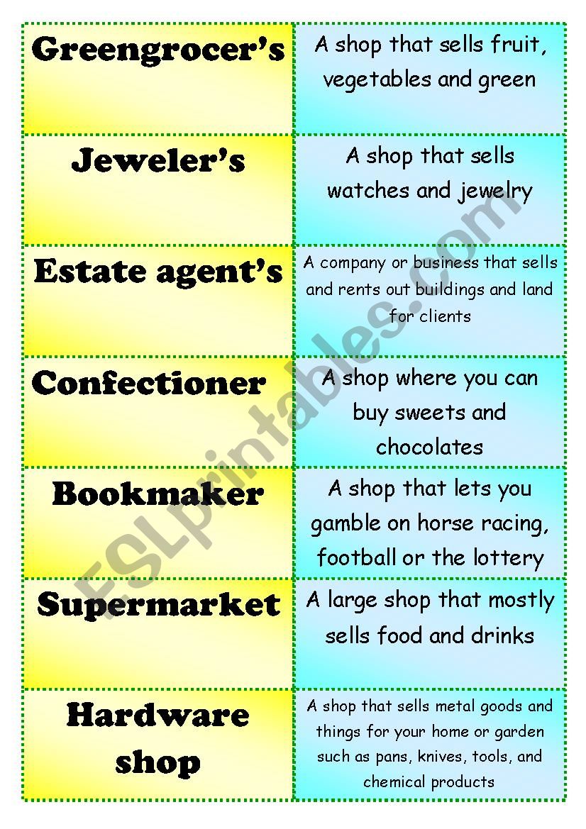 types of the shops worksheet