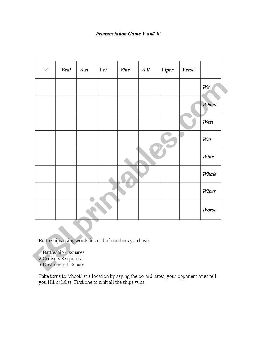 V and W  pronunciation battleships game