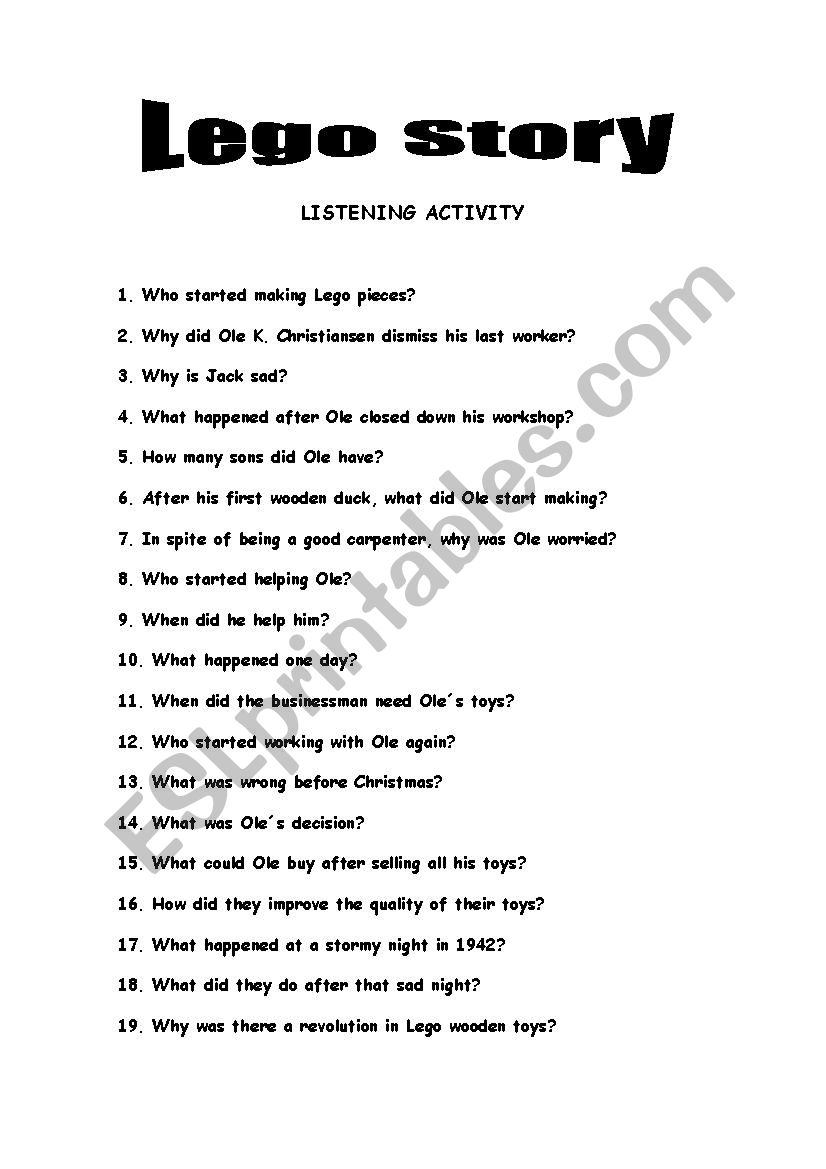 Lego Story worksheet