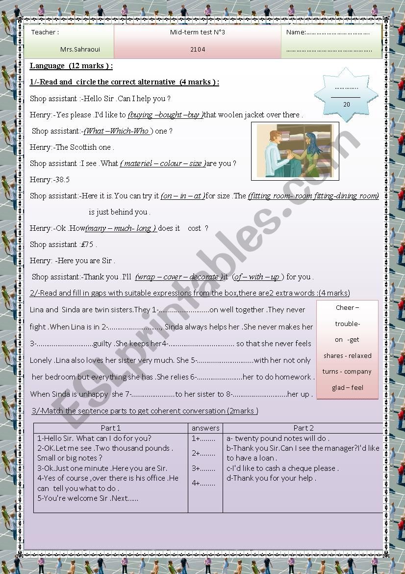 8th form mid-term test 3 worksheet