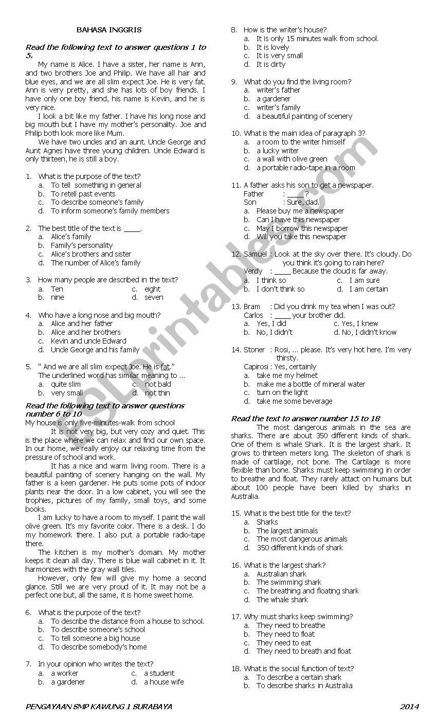 Exam for Junior High School worksheet