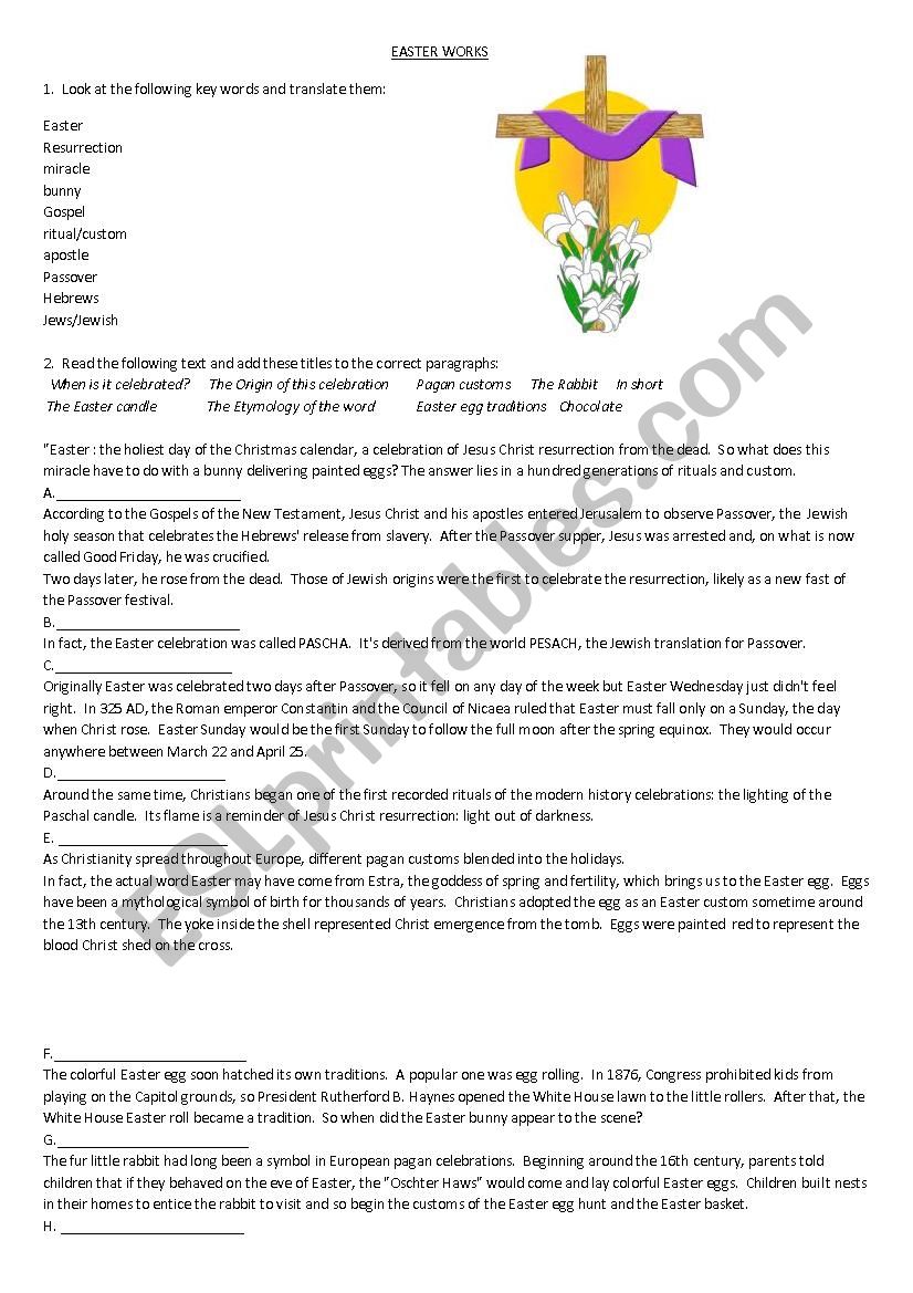 History of Easter worksheet