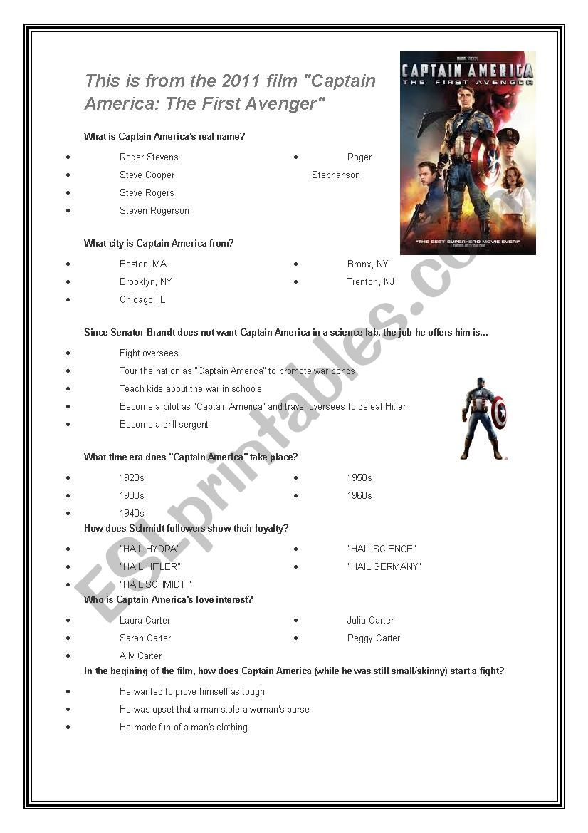 captain America worksheet