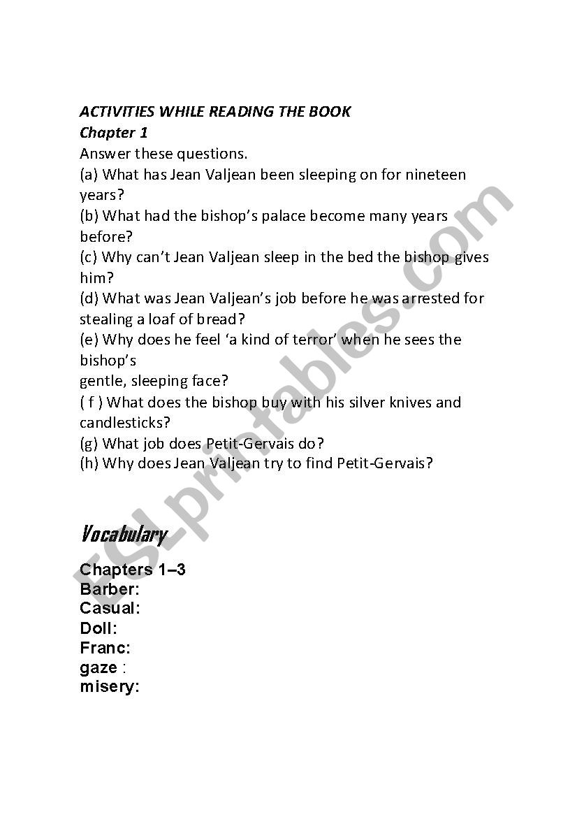 les miserables  worksheet