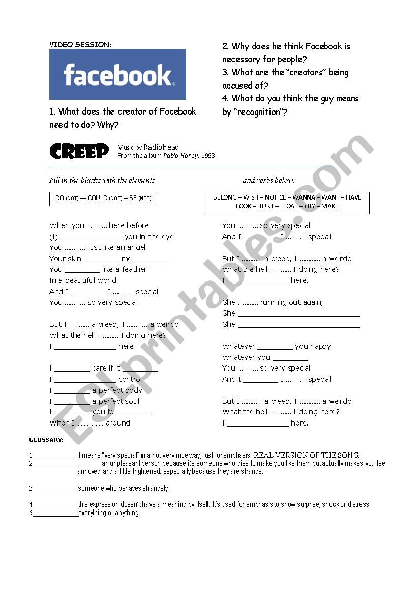 creep song + facebook worksheet