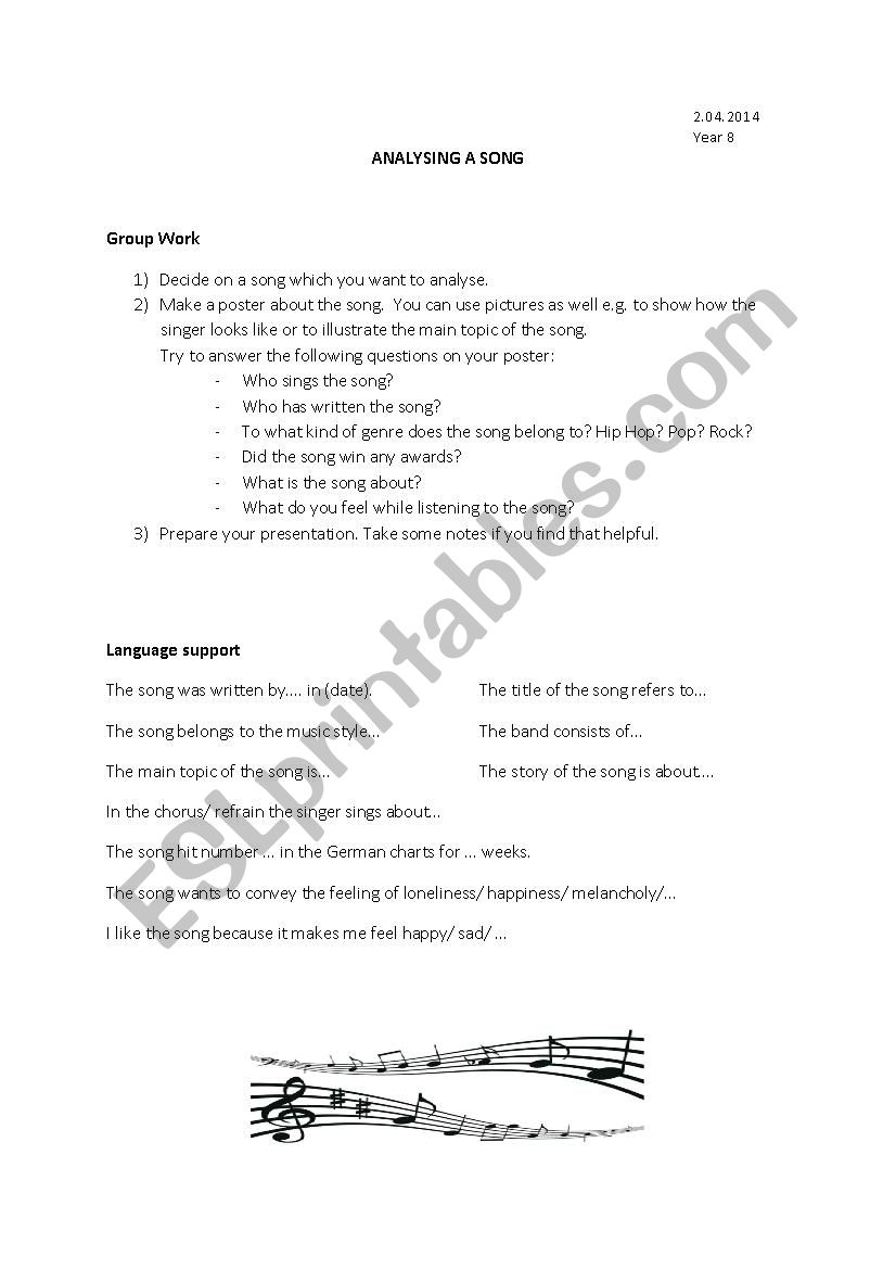 Analysing a song worksheet