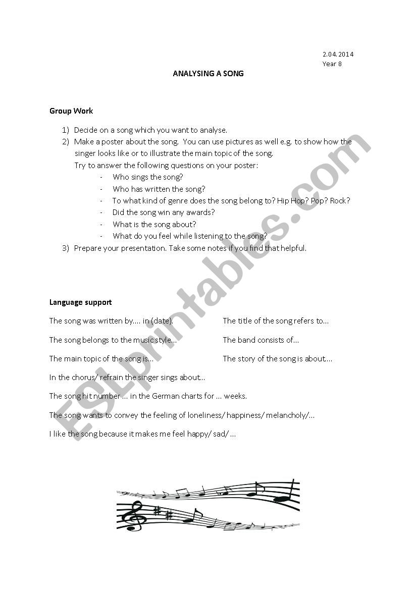 Analysing a song worksheet