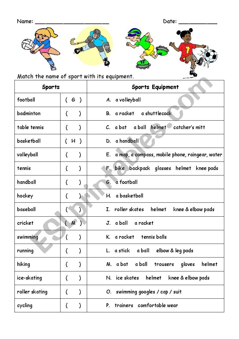 Sports Names And Equipment Esl Worksheet By Mandyman