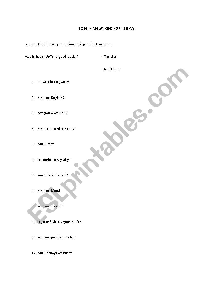 To be - short answers worksheet