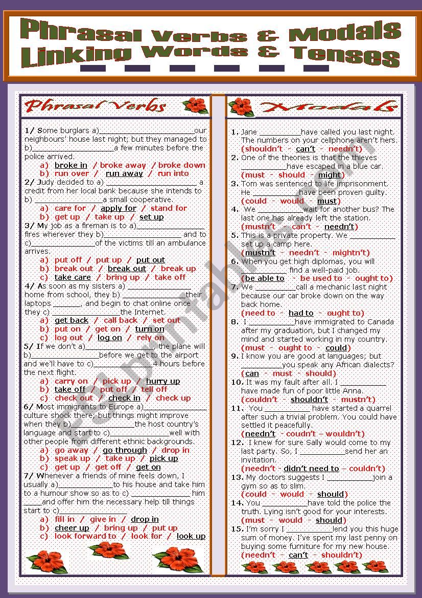 Multiple Choice Exercises on Phrasal Verbs - Modals - Linking Words - Mixed Tenses