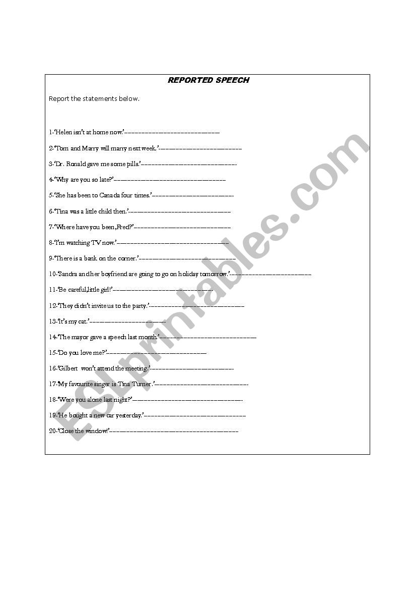 REPORTED SPEECH worksheet