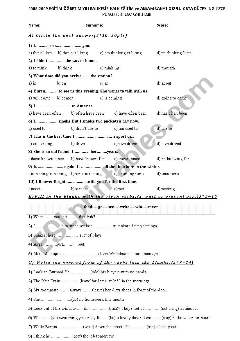 various topics worksheet