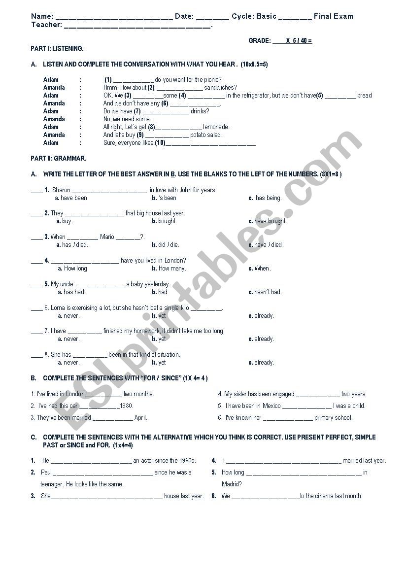 exam - SIMPLE PAST, PAST PERFECT AND VOCABULARY