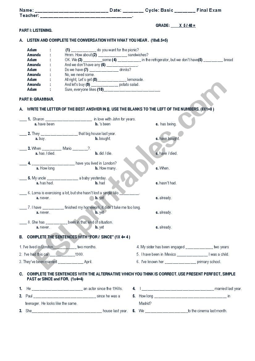 exam - SIMPLE PAST, PAST PERFECT AND VOCABULARY