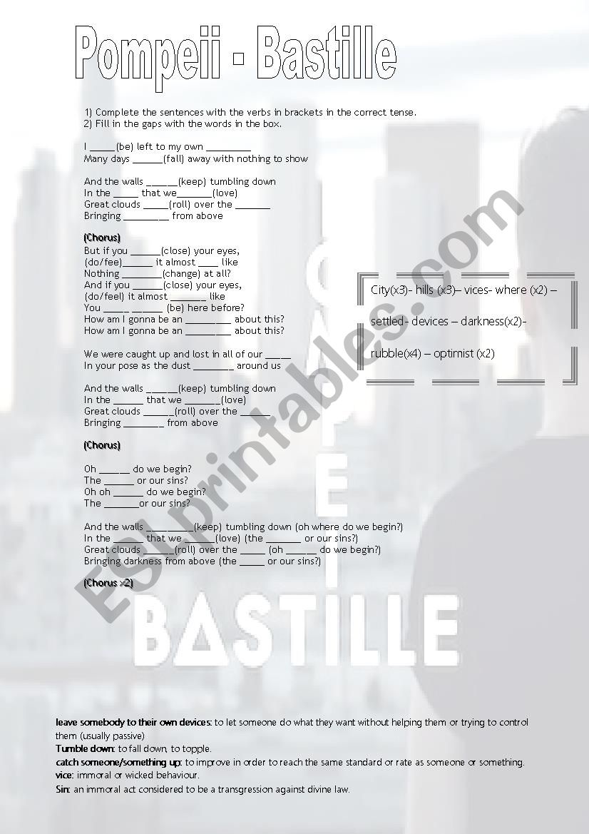 Pompeii by Bastille Worksheet - Intermediate (A1)