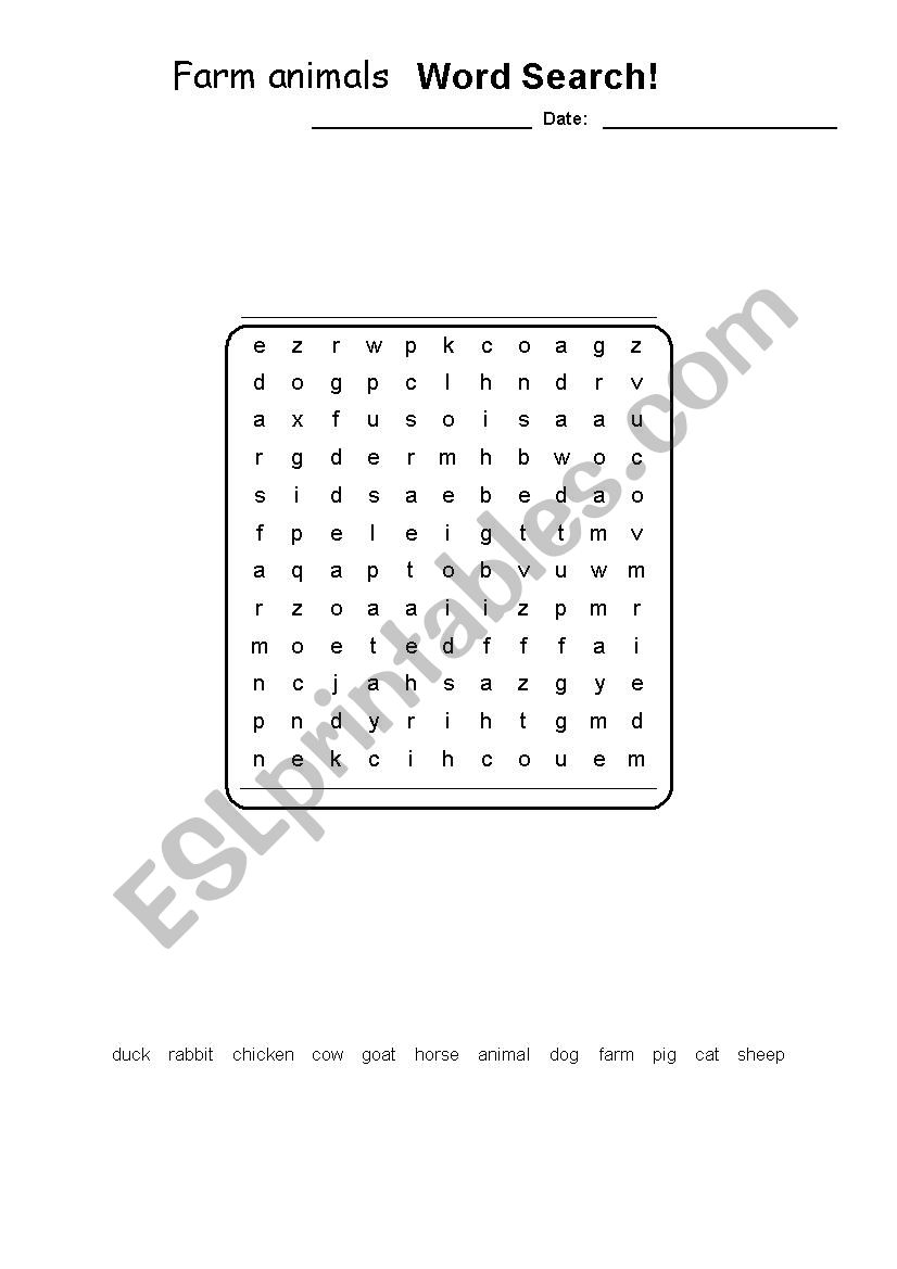 Farm animals wordsearch worksheet