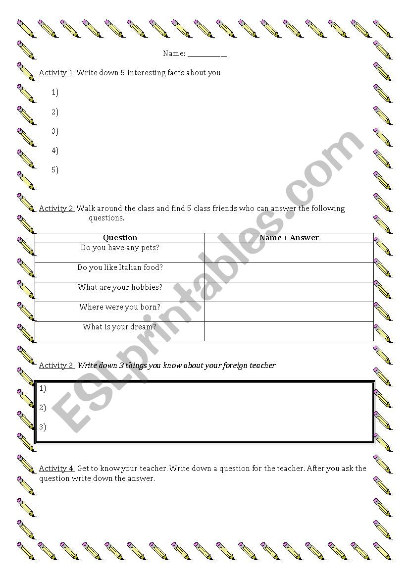 A fun work sheet for introductions