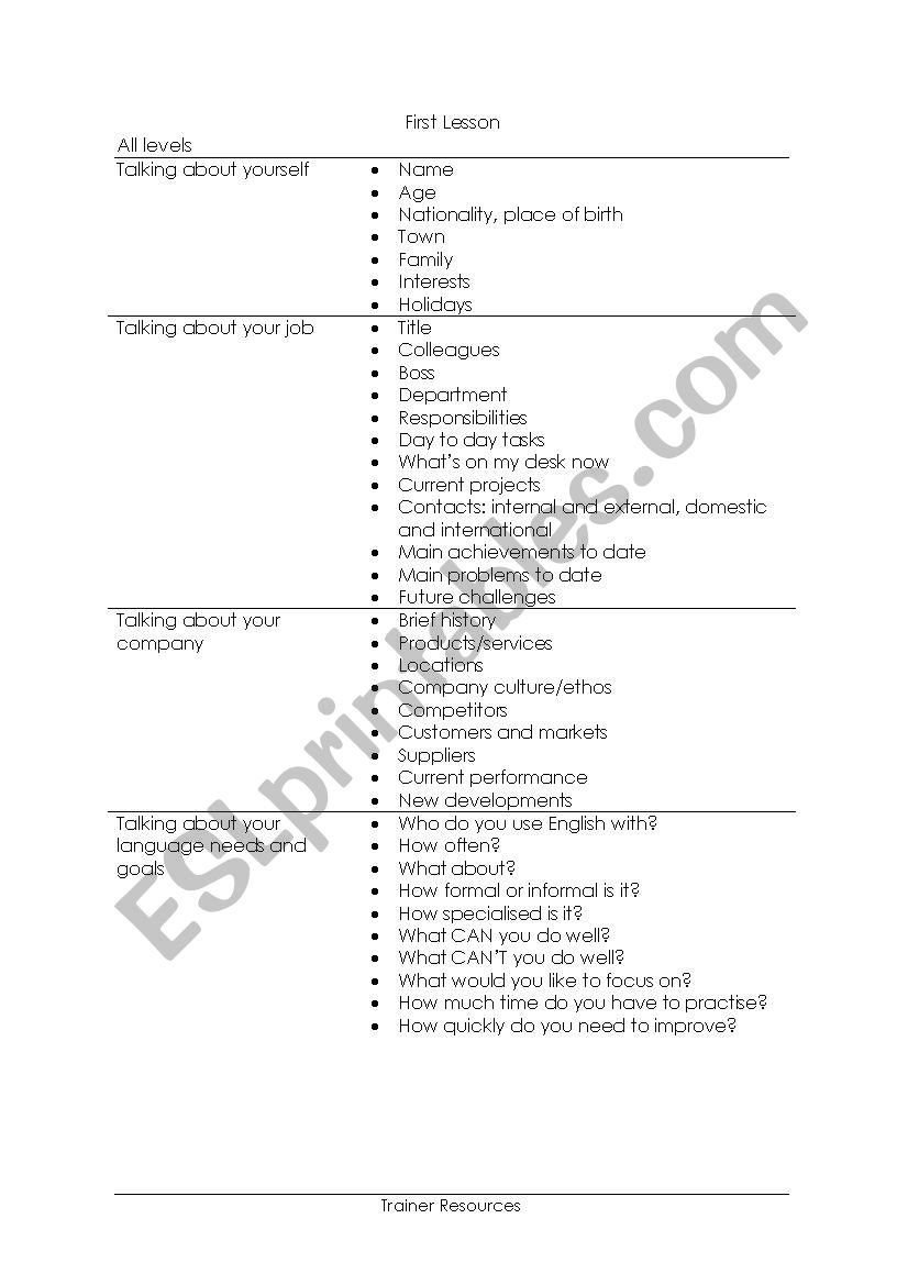 FIRST LESSON worksheet